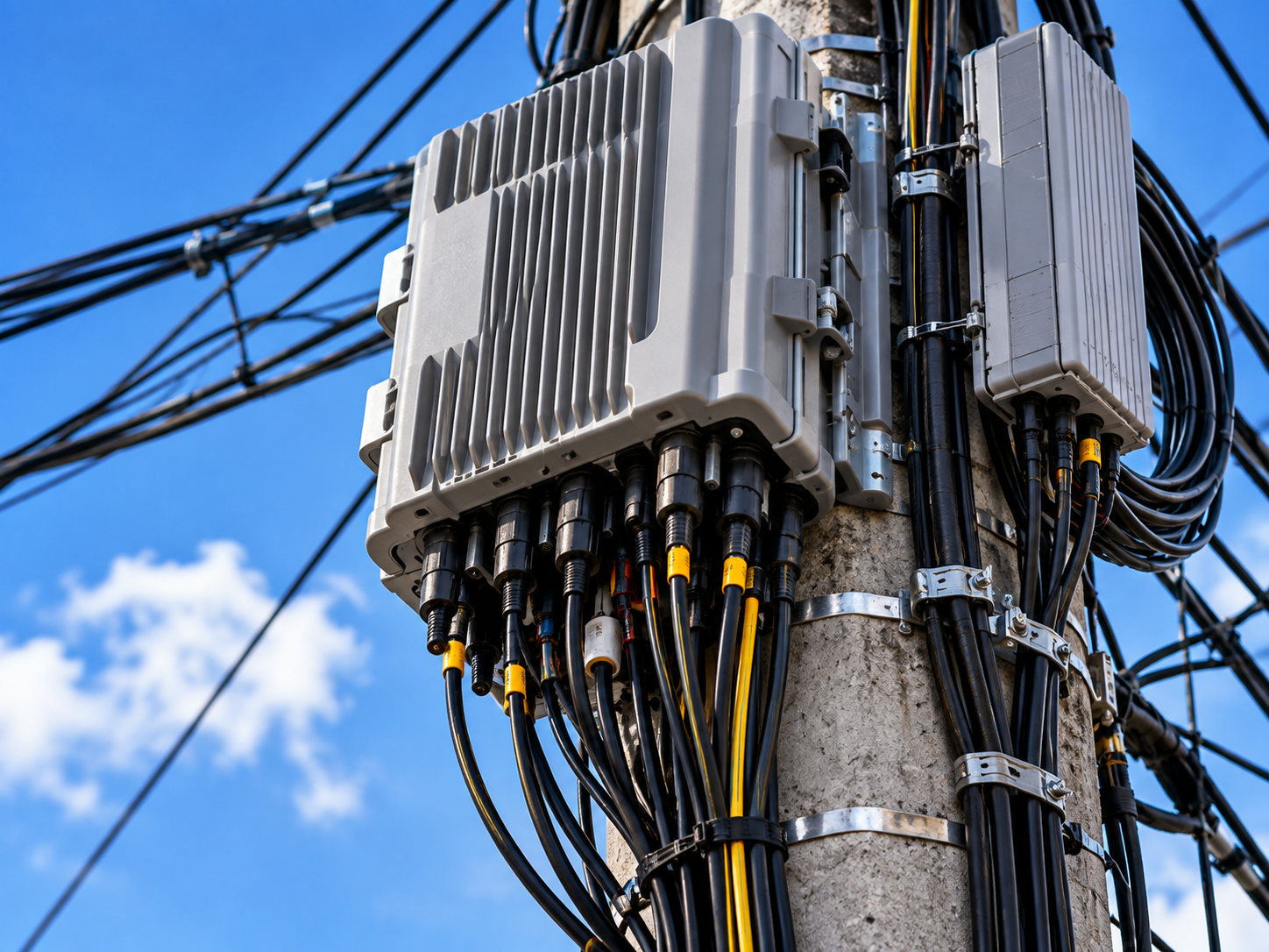 Caixas e cabos de telecomunicações instalados em poste